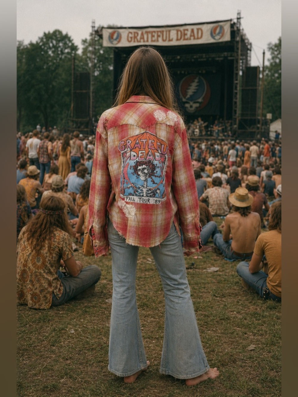 Grateful Dead Flannel Plaid Shirt Jacket Shacket Upcycled Hippie Grunge